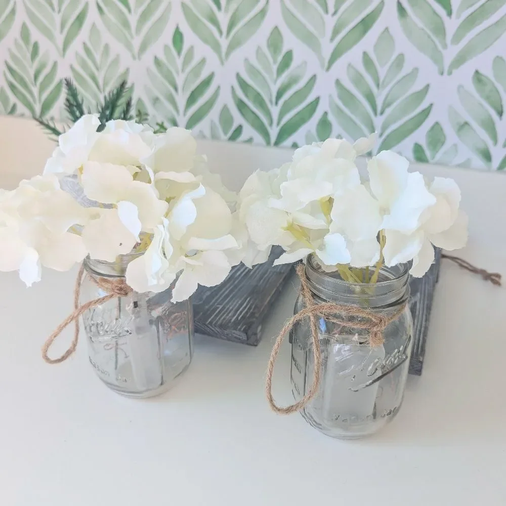 Gray Wood Wall Hooks Hanging Mason Jars Lights And Flowers Decor Cottagecore